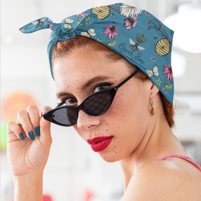Blue Queen Bee and Gold Crown Floral Bandana (Blue Queen Bee Floral Bandana. Queen Bee, Crown, Typography, Exotic Flowers, Beehive, Bees :)))