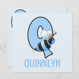 Blue Queen Bee Letter Q Kids Birthday Party Invitation