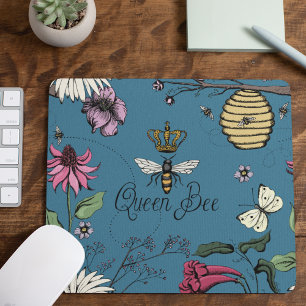 Blue Queen Bee Royal Crown Floral Pattern Mouse Pad