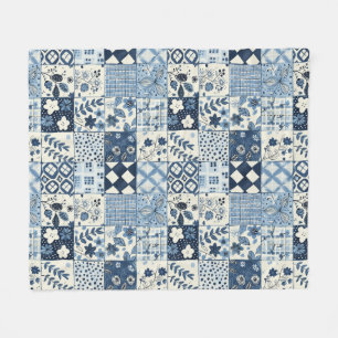 Blue Quilt Patchwork Gingham Cottagecore Floral Fleece Blanket