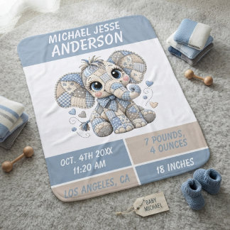 Blue Quilted Boy Elephant Birth Keepsake Baby Blanket