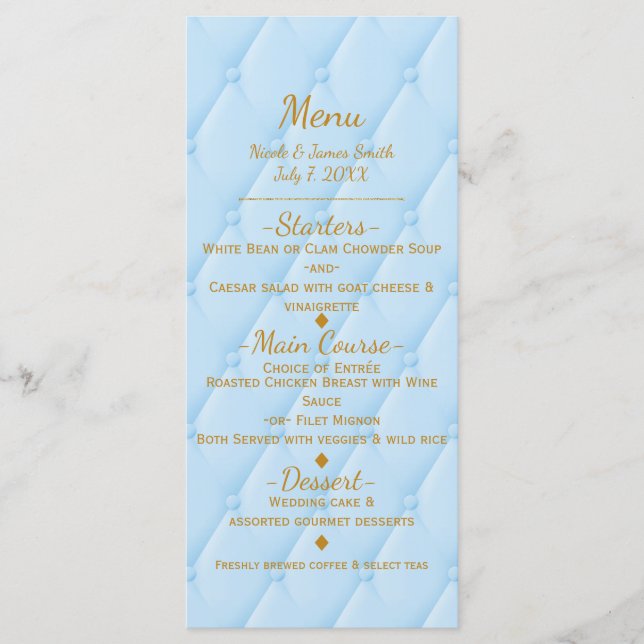 Blue Quilted Royal Storybook Princess Party Menu (Front)