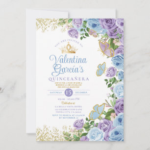 Blue Quinceañera 15 Anos Purple Flowers Gold Crown Invitation