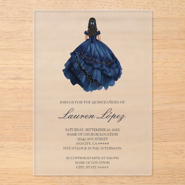 Blue quinceañera acrylic  invitations (Front)