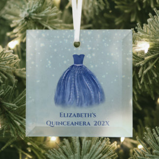Blue Quinceanera Dress on Starry Blue with Name Glass Ornament
