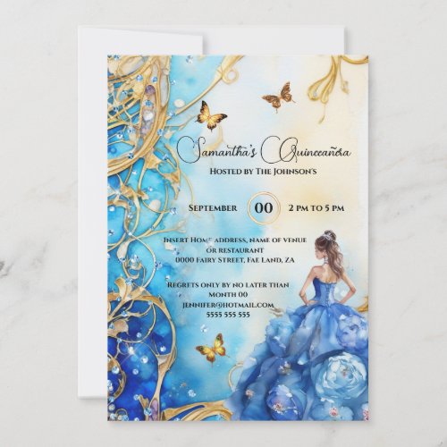 Blue Quinceañera glitter ballgown butterfly floral