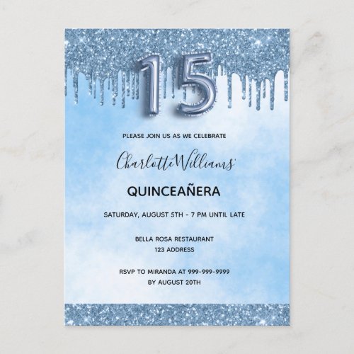 Blue quinceanera glitter elegant luxurious invitation postcard