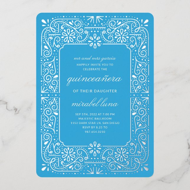 Blue Quinceañera invitaciones Foil Invitation (Front)