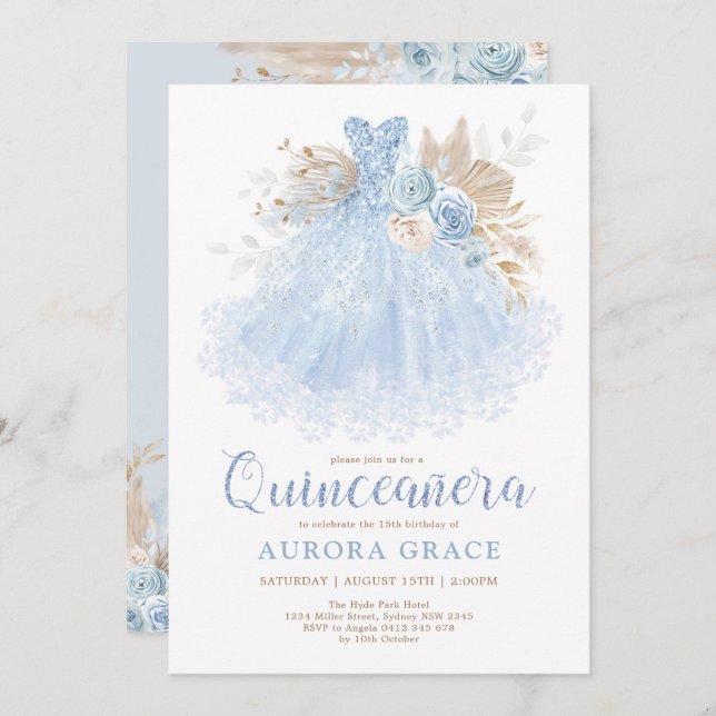 Blue Quinceañera Princess Dress Mis Quince 15 Años Invitation (Front/Back)