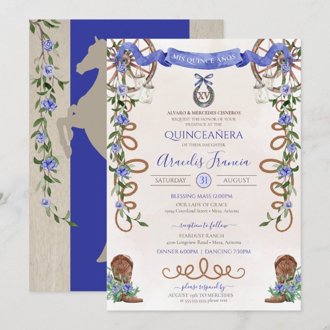 Blue Quinceanera Rustic Western Charro  Invitation (Front/Back)