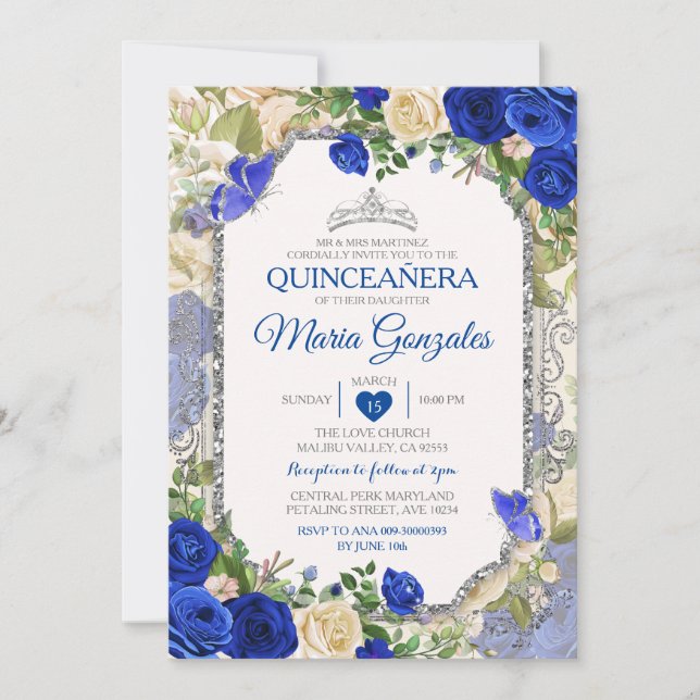 Blue Quinceañera Silver Crown Butterfly 15 Anos Invitation (Front)