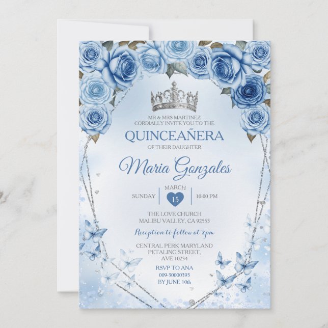 Blue Quinceañera Silver Crown Butterfly 15 Anos Invitation (Front)