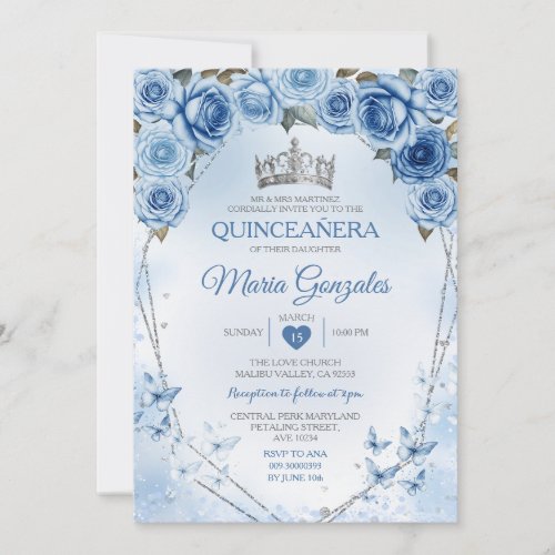 Blue Quinceaera Silver Crown Butterfly 15 Anos Invitation