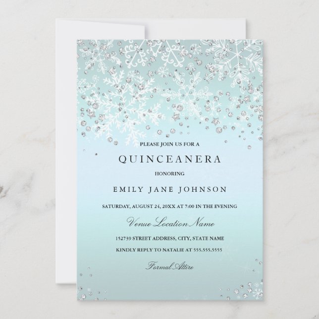 Blue Quinceanera Winter Wonderland Snowflakes Invitation (Front)