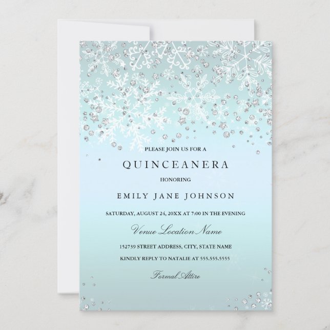 Blue Quinceanera Winter Wonderland Snowflakes Invitation (Front)