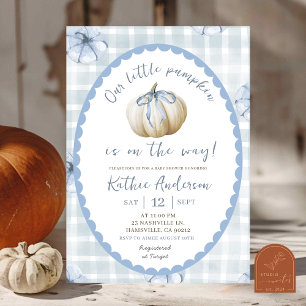 Blue Quirky Gingham Pumpkin Baby Shower Invitation
