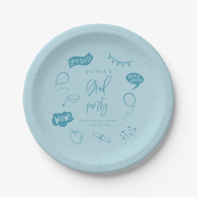 Blue Quirky Grad Icons Graduation Party Paper Plates (Front)