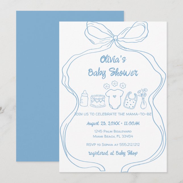 Blue Quirky Hand Drawn Wavy Bow Boy Baby Shower Invitation (Front/Back)