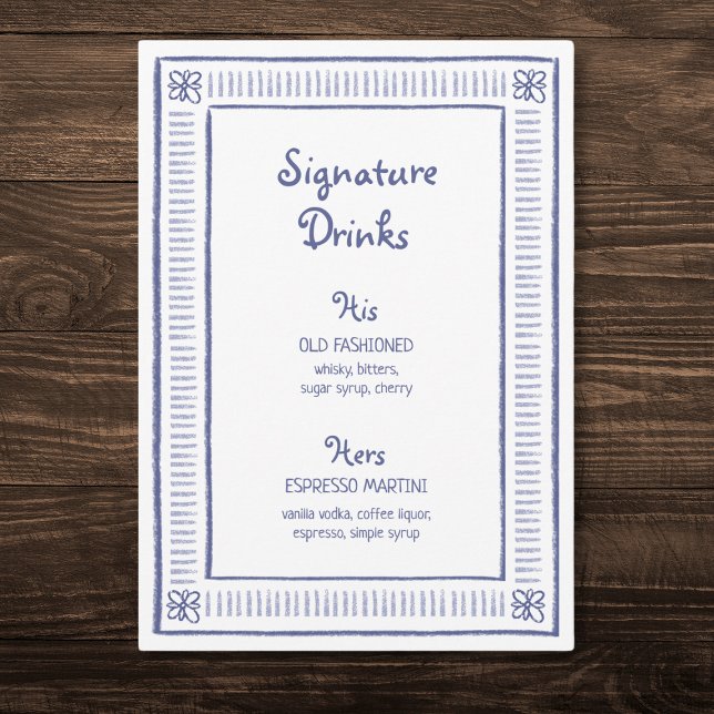 Blue Quirky Hand Drawn Wedding Signature Drinks  Menu (Creator Uploaded)