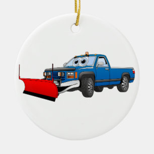 Blue R Pick Up Snow Plow Cartoon Ceramic Ornament