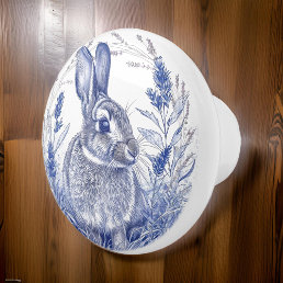 Blue Rabbit and Lavender Border Ceramic Knob