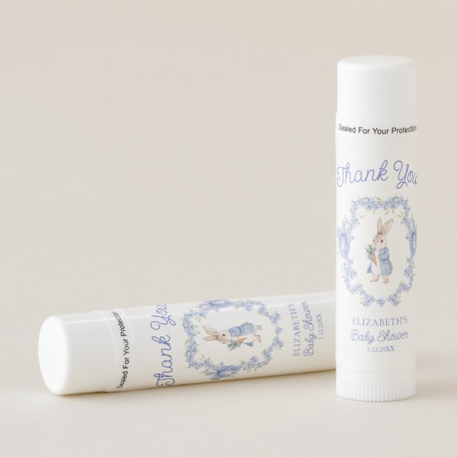 Blue Rabbit Boy Baby Shower Thank You Lip Balm (Front)