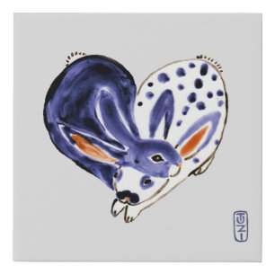 Blue Rabbit Bunny Heart Design Minimal Gray Faux Canvas Print