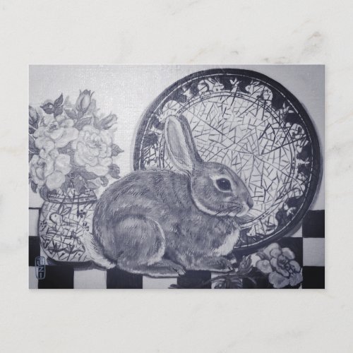 Blue Rabbit Bunny Still Life Painting Dedham Plate Postcard