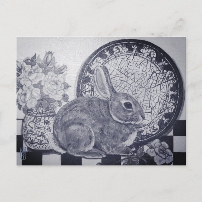 Blue Rabbit Bunny Still Life Painting Dedham Plate Postcard (Front)