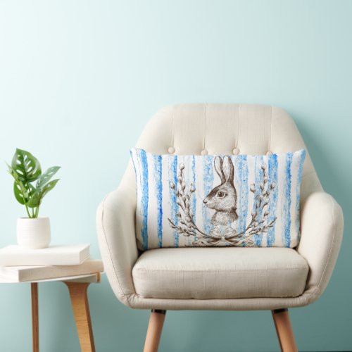 Blue Rabbit Cotton Watercolor French Country Lumbar Pillow