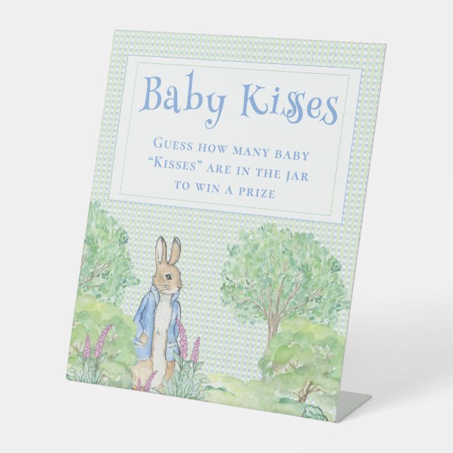 Blue Rabbit Gingham Baby Kisses Baby Shower Game Pedestal Sign (Front)