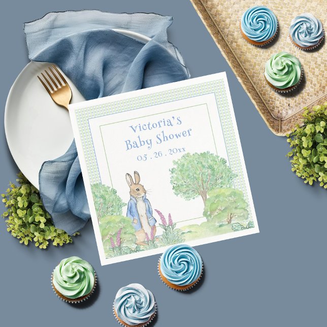 Blue Rabbit Gingham Watercolor Baby Shower  Napkins (Creator Uploaded)
