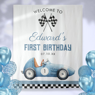 Blue Race Car 1st Birthday Photo Backdrop