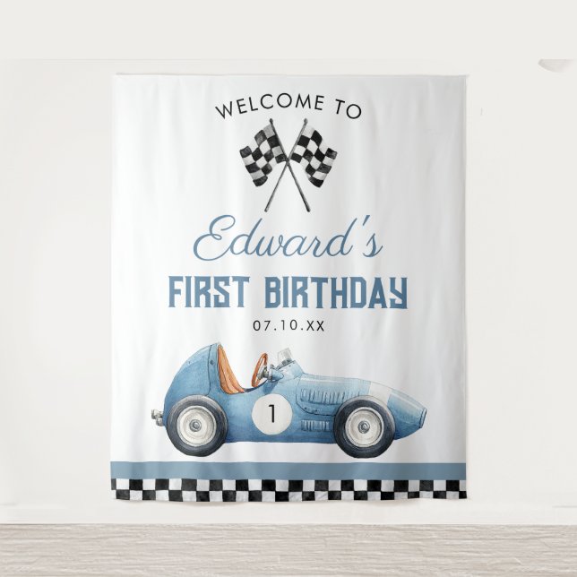 Blue Race Car 1st Birthday Photo Backdrop (Front)