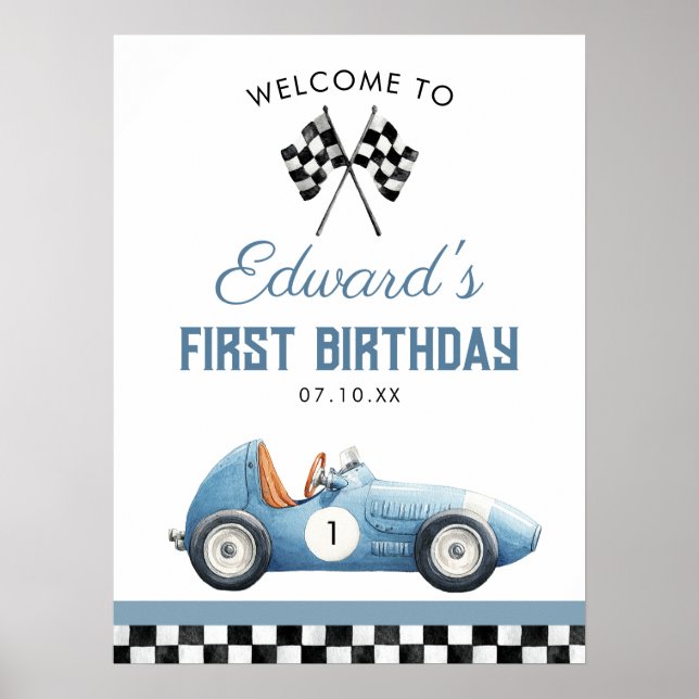 Blue Race Car 1st Birthday Welcome Sign (Front)