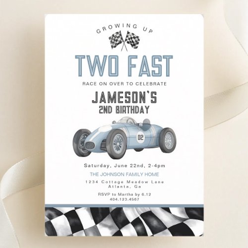Blue Race Car 2nd Birthday Invitation