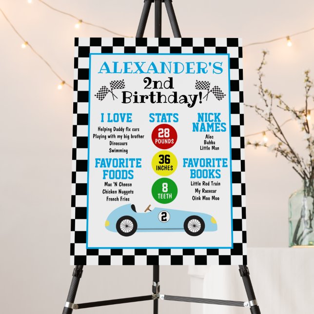 Blue Race Car 2nd Birthday Milestone Poster  (Race car Milestone Birthday Sign)