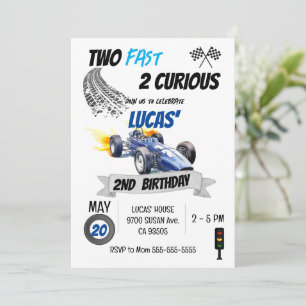 Blue Race Car 2nd Birthday Two Fast 2 Curious Boy Invitation