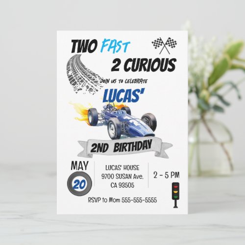 Blue Race Car 2nd Birthday Two Fast 2 Curious Boy  Invitation