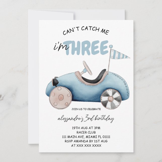 Blue Race Car 3rd Birthday Invitation (Front)