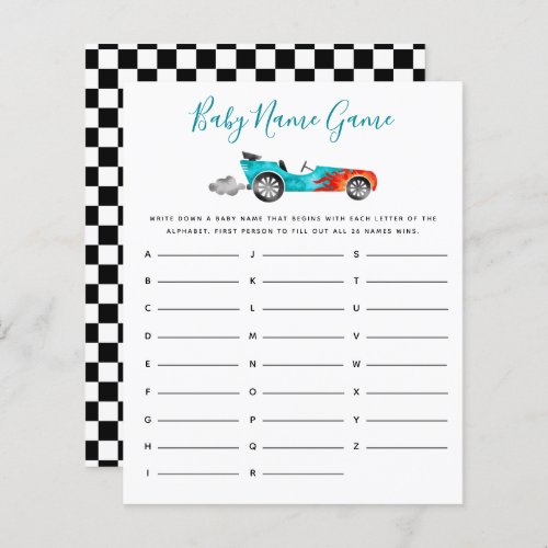 Blue Race Car Baby Name Shower Game 