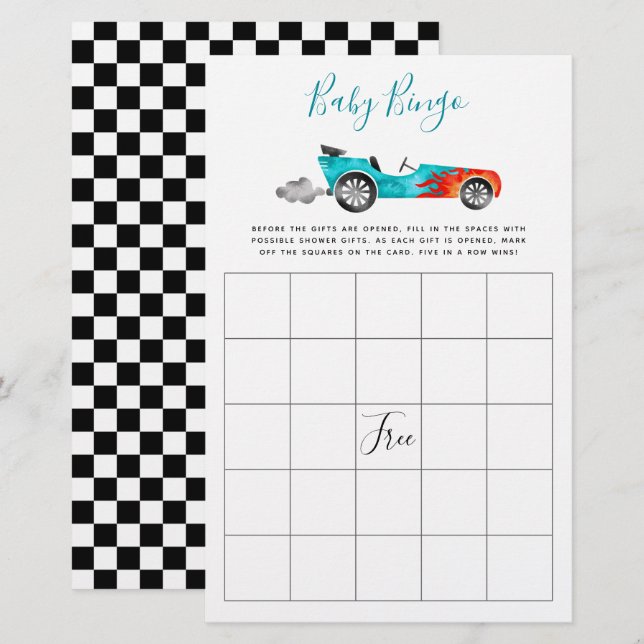 Blue Race Car Baby Shower Bingo Game (Front/Back)