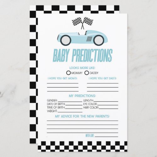 Blue Race Car Baby Shower Predictions Game