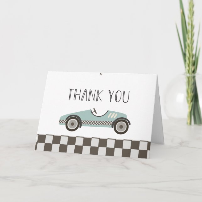 blue Race Car Baby Shower Thank You Card (Front)