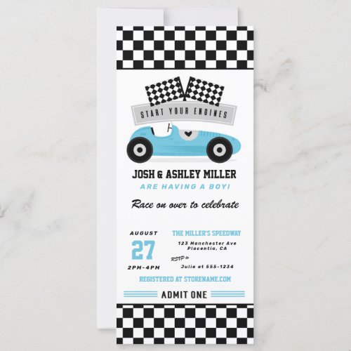 Blue Race Car Baby Shower Ticket invitation