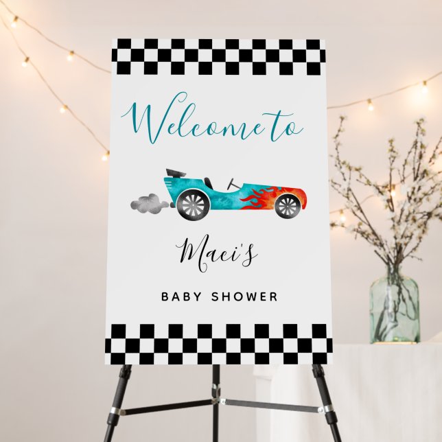 Blue Race Car Baby Shower Welcome Sign (In Situ (Stand))