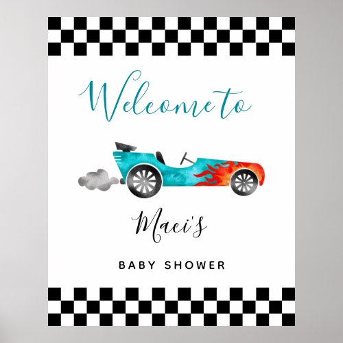 Blue Race Car Baby Shower Welcome Sign