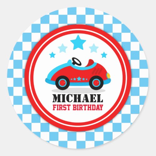 Blue Race Car Birthday Baby Shower Party Classic Round Sticker