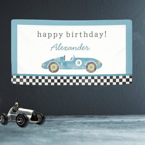 Blue race car birthday banner