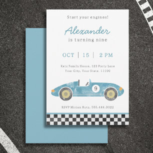 Blue race car birthday invitation